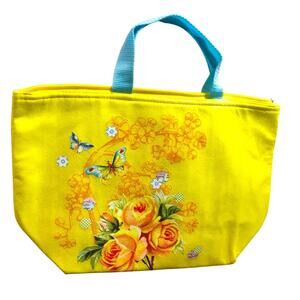 Insulated Yellow and Blue Butterfly Lunch Bag with Pink Flowers Fun Accessory
